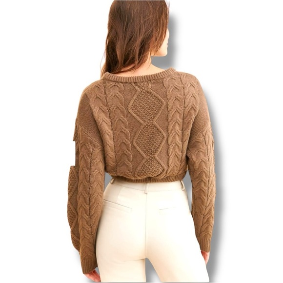Vigoss Brown Cable Knit Front Tie Long Sleeve Cropped Crew Neck Sweater - Picture 2 of 16
